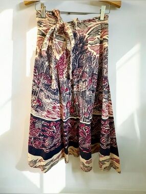 Vintage 1970s Bohemian Tie-Waist Printed Midi Skirt in Cream, Black & Burgundy